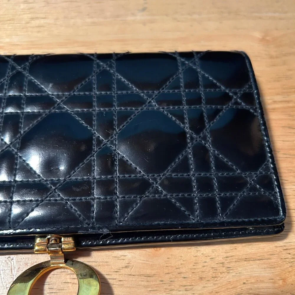 Womens Dior Black Canage Patent Leather O-Latch Quilted Vintage Long Wallet - Picture 12 of 16